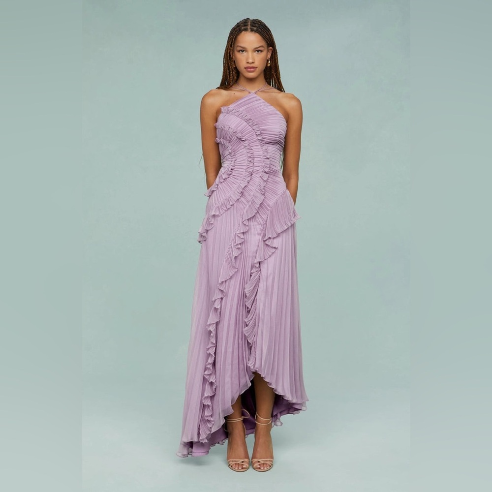Pleated Frill Halter Neck Maxi Dress, Lavender, M